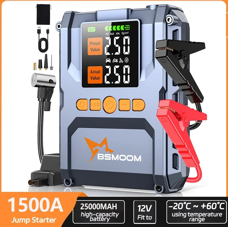 Arrancador de coche 1500A + compresor 150PSI powerbank 25000mAh