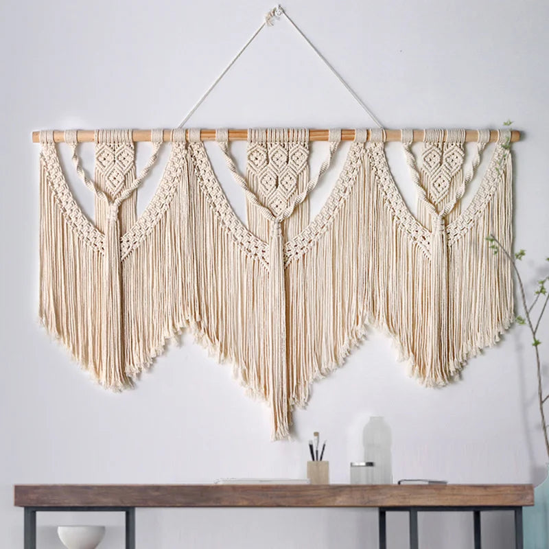 Large Macrame Wall Hanging Tapestry  with  Wooden Stick Hand-Woven Bohemia Tassel Curtain Tapestry  Wedding Backgrou Boho Decor