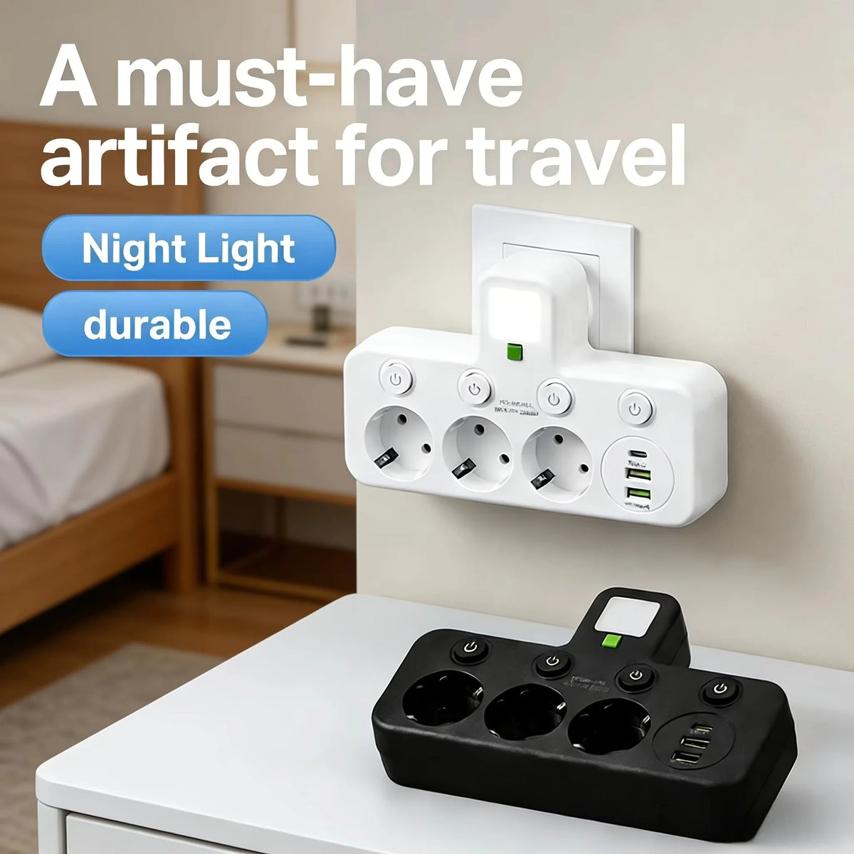Regleta con 4 enchufes, 2 USB y USB-C