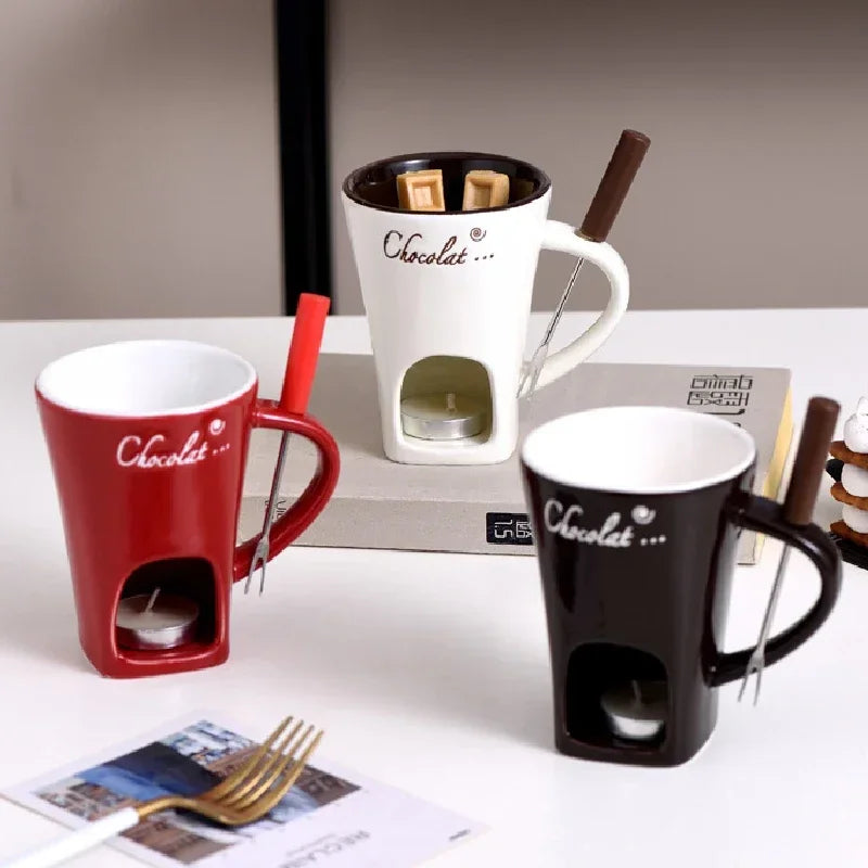 New 130ML European Candle Cup Cheese Chocolate Melting Ceramic Mug Heating Food Ceramic Mug with Fork Coffee Mug Tableware HWD