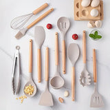 Set 12 utensilios cocina silicona mango madera