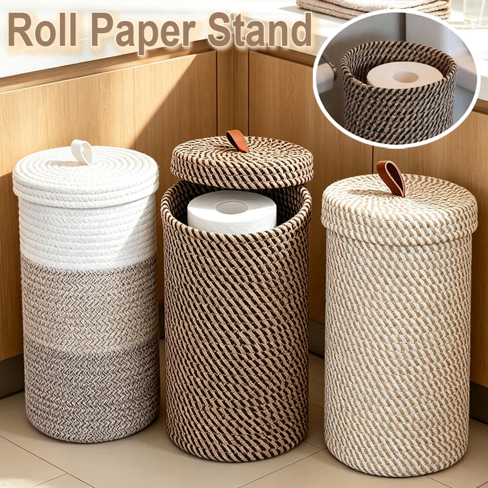 Cesta portarrollos de baño trenzada con tapa
