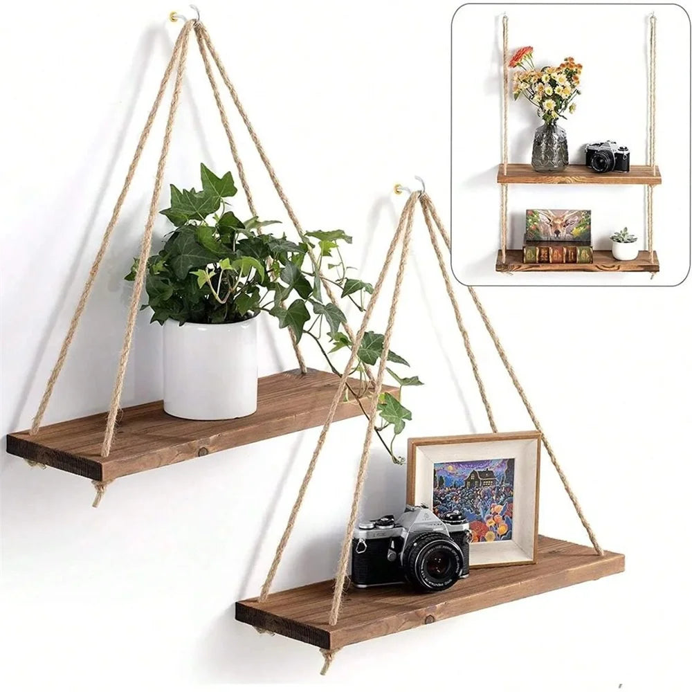 Estantería colgante de madera con cuerda