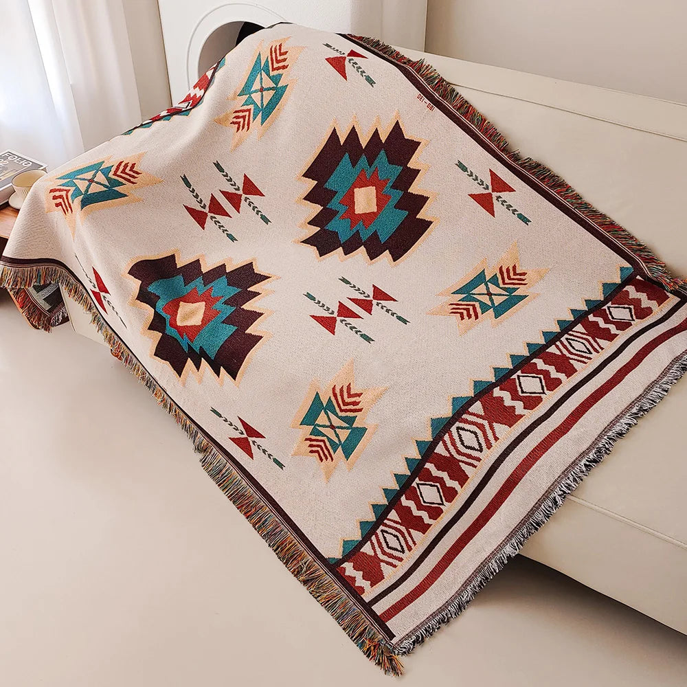 Manta de sofá boho con flecos