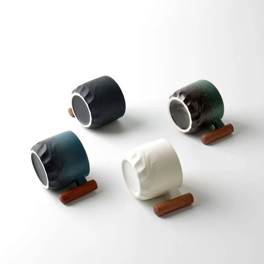 Taza de café retro de cerámica con tapa de madera