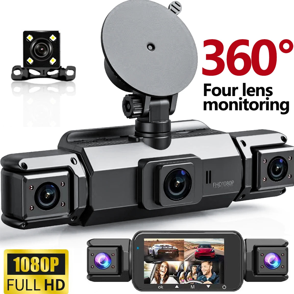 Dashcam 360° 4 cámaras con pantalla IPS