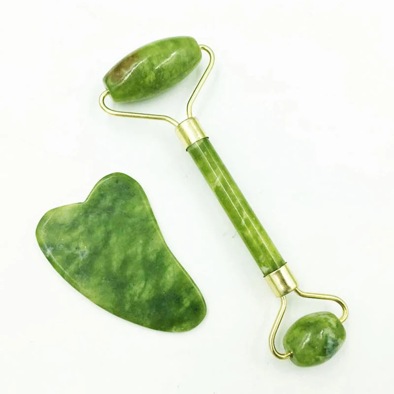 Set de jade natural: rodillo facial y gua sha