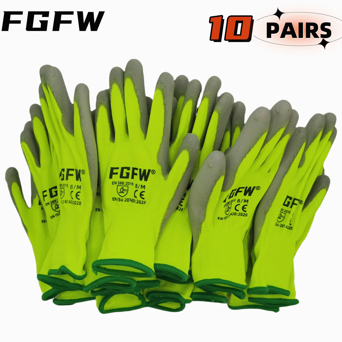 10 pares de guantes de trabajo con recubrimiento de PU