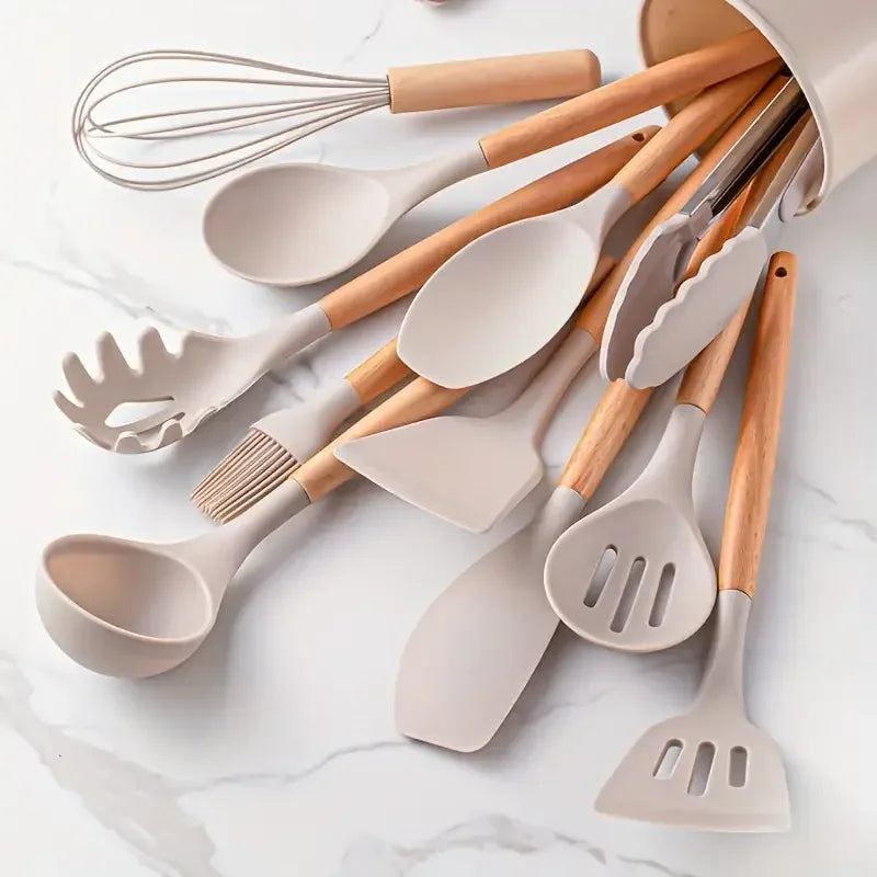 Set 12 utensilios cocina silicona mango madera