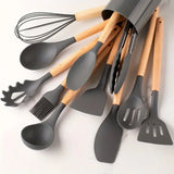 Set 12 utensilios cocina silicona mango madera
